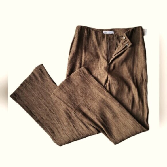 Zara High Waist Flared Leg Crinkle Pants Tall Size Medium - Picture 1 of 9